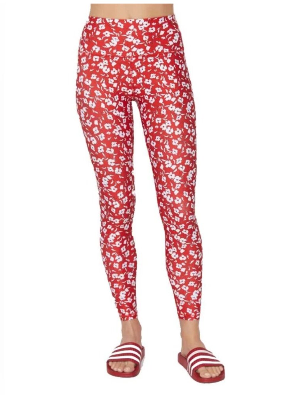 Spiritual Gangster Red & White Floral Active Leggings 27.5" Inseam GUC Sz Medium